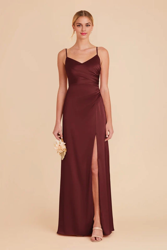 OKBBN's charming V-neck matte satin asymmetrical pleated Prom Dresses