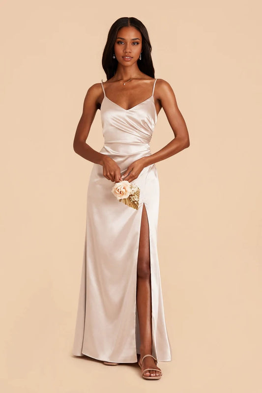 OKBBN's charming asymmetrical pleated V-neck satin full lining mermaid overlapping slit Prom Dresses