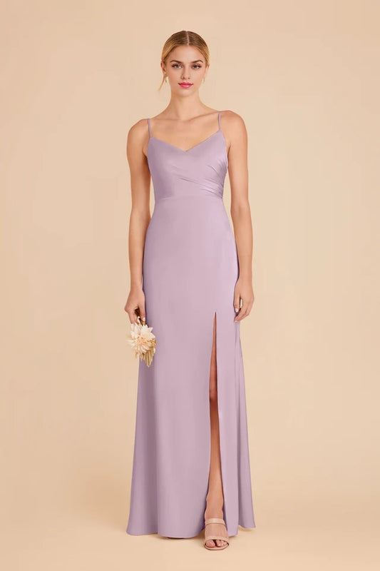 OKBBN's charming asymmetrical pleated V-neck satin full lining mermaid overlapping slit Prom Dresses