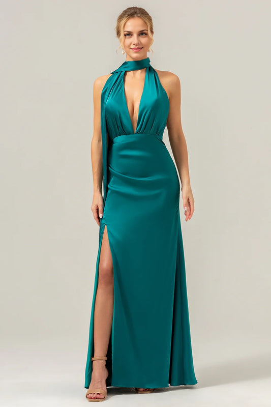 OKBBN's charming deep V-neck backless long satin Bridesmaid Dresses