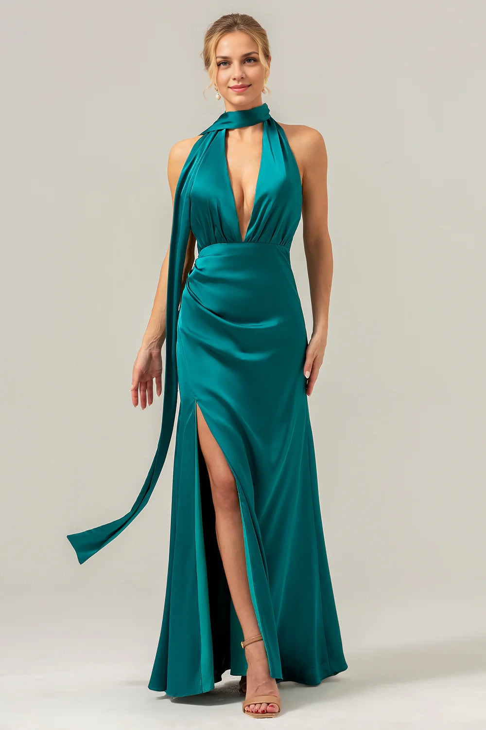 OKBBN's charming deep V-neck backless long satin Bridesmaid Dresses