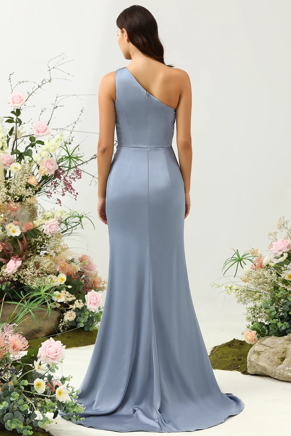 OKBBN's charming mermaid single shoulder pleated satin Bridesmaid Dresses