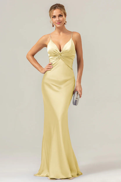 OKBBN's charming mermaid slim shoulder strap with front pleat long Bridesmaid Dresses
