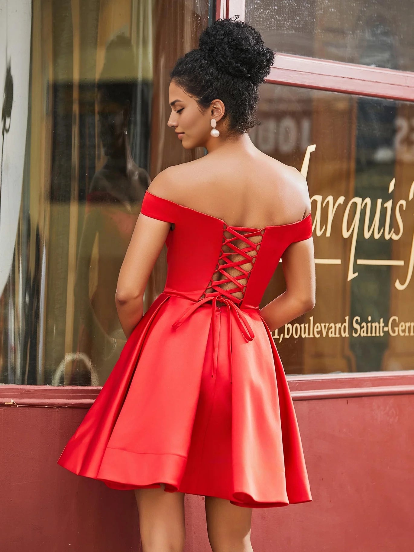 OKBBN's charming minimalist short off shoulder satin Homecoming Dresses