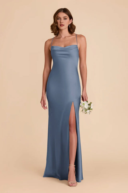 OKBBN's charming minimalist suspender scarf collar with slit A-line pleated backless thin shoulder strap Prom Dresses