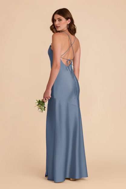 OKBBN's charming minimalist suspender scarf collar with slit A-line pleated backless thin shoulder strap Prom Dresses
