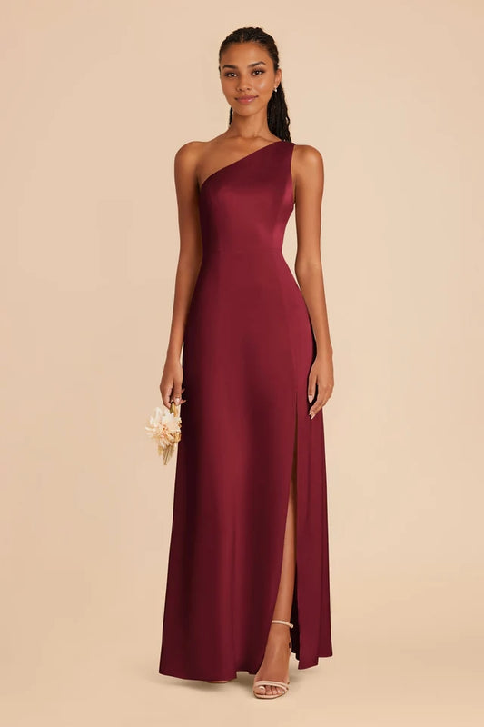 OKBBN's charming one shoulder neckline matte satin fully lined slit and floor Prom Dresses