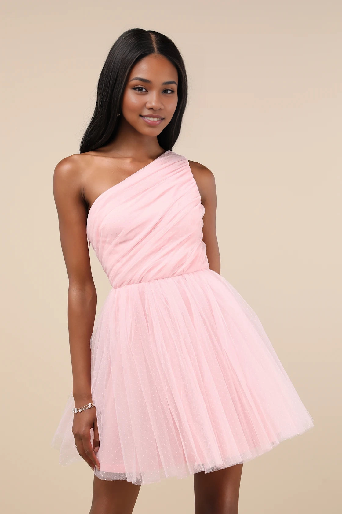 OKBBN's charming polka dot shoulder mini Homecoming Dresses