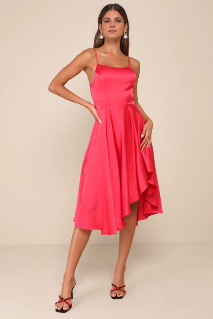 OKBBN's charming satin asymmetrical lace up mid length Homecoming Dresses