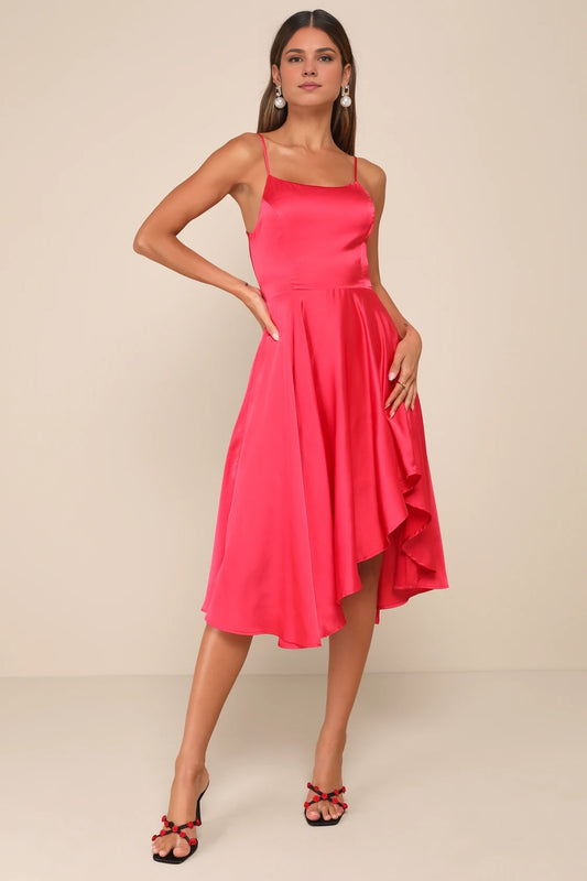 OKBBN's charming satin asymmetrical lace up mid length Homecoming Dresses