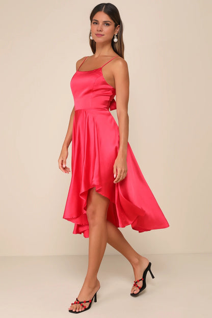 OKBBN's charming satin asymmetrical lace up mid length Homecoming Dresses