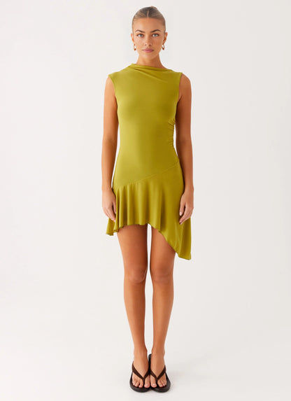 OKBBN's charming short mesh mini high neck pleated asymmetric hem elastic mesh Homecoming Dresses