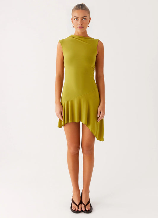 OKBBN's charming short mesh mini high neck pleated asymmetric hem elastic mesh Homecoming Dresses