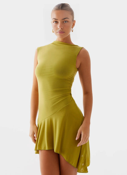 OKBBN's charming short mesh mini high neck pleated asymmetric hem elastic mesh Homecoming Dresses