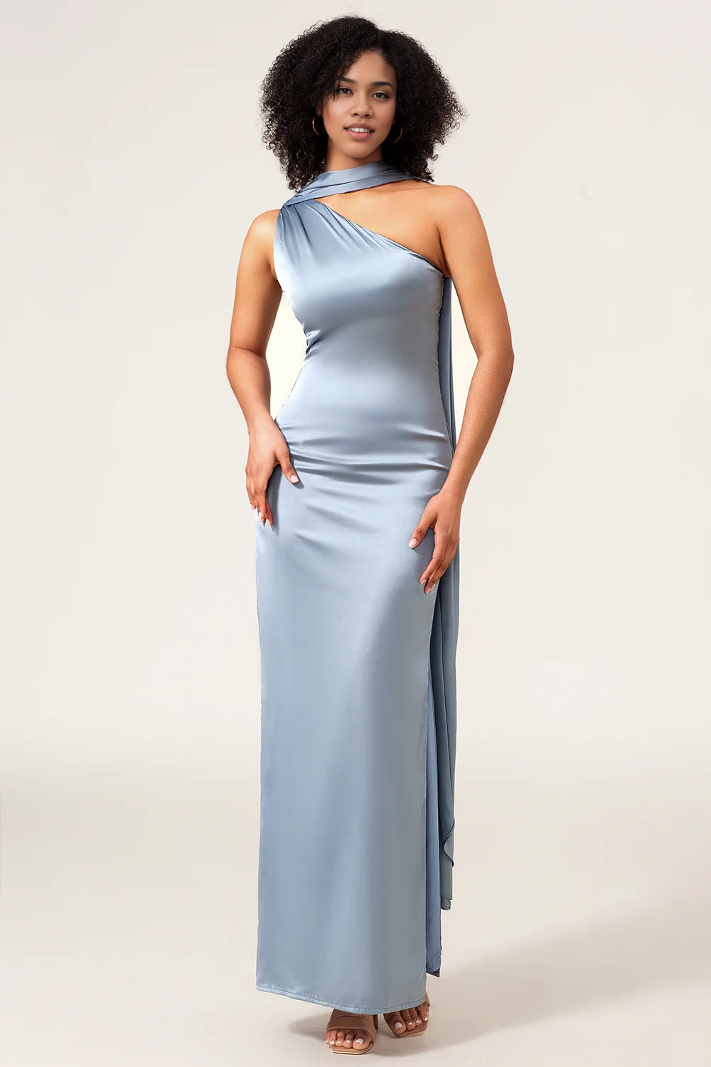 OKBBN's charming sleeveless slim fit single shoulder long satin Bridesmaid Dresses