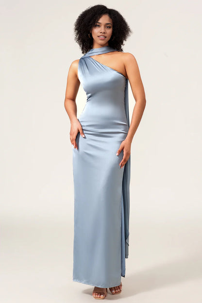 OKBBN's charming sleeveless slim fit single shoulder long satin Bridesmaid Dresses