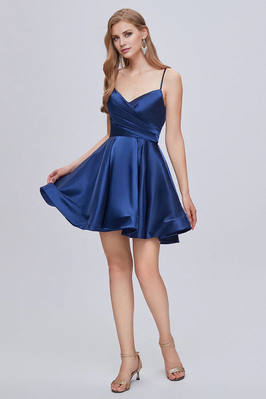 OKBBN's charming thin shoulder strap, blue V-neck, A-line, exposed back strap, Homecoming Dresses