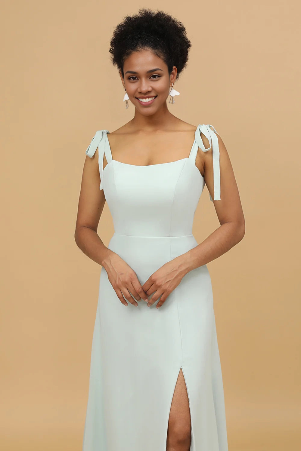 OKBBN's charming thin shoulder strap long chiffon slit Bridesmaid Dresses