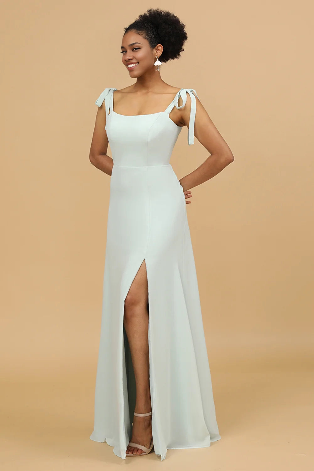 OKBBN's charming thin shoulder strap long chiffon slit Bridesmaid Dresses