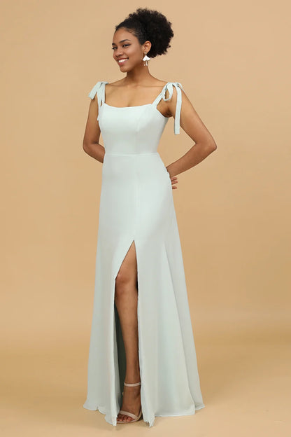 OKBBN's charming thin shoulder strap long chiffon slit Bridesmaid Dresses