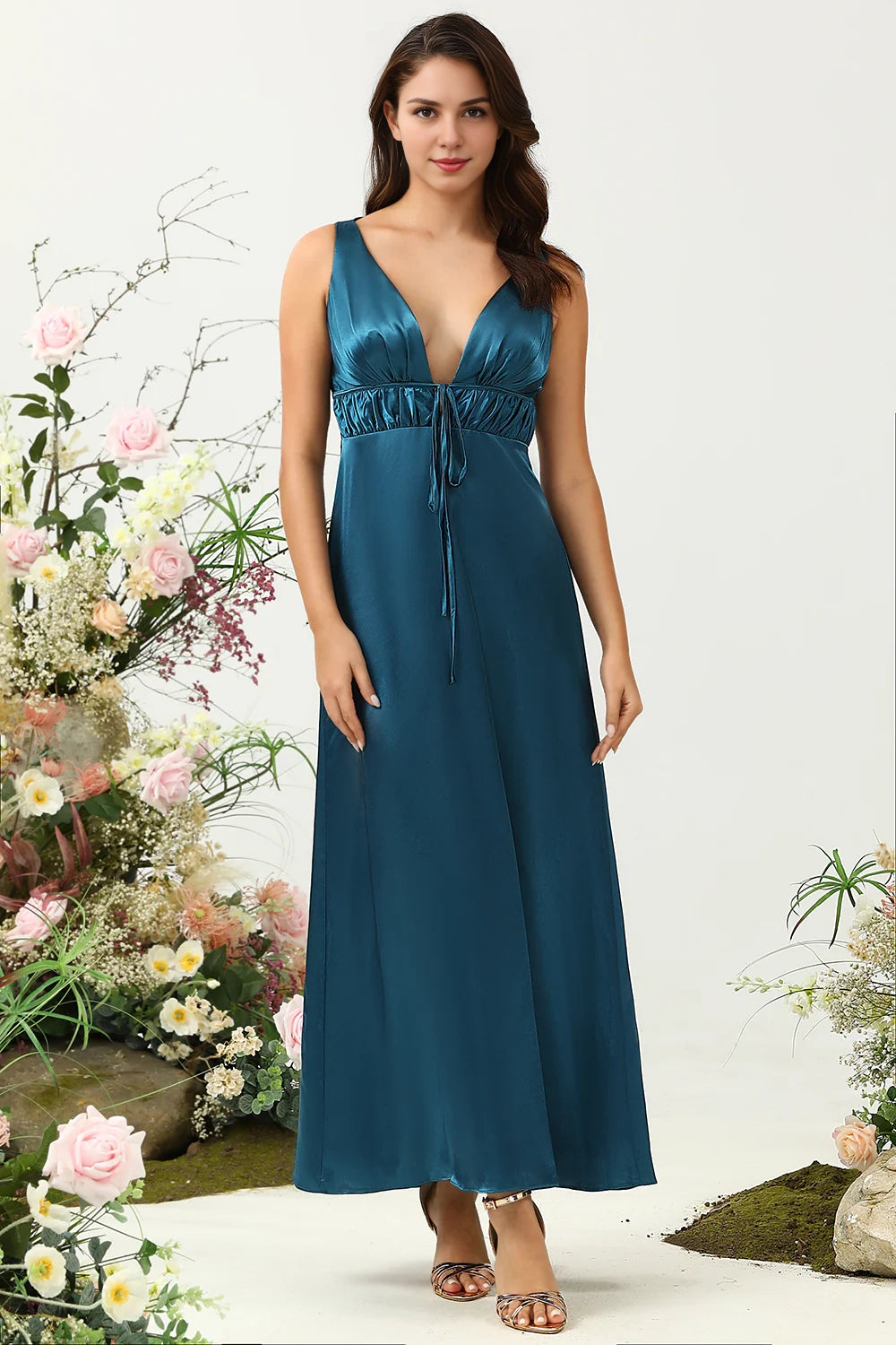 OKBBN's charming tight fitting deep V-neck shiny satin Bridesmaid Dresses