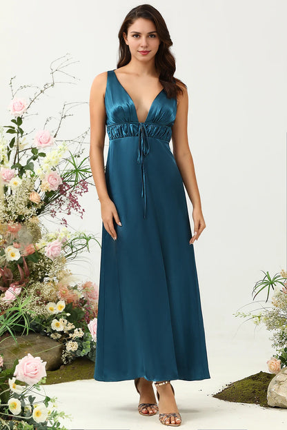 OKBBN's charming tight fitting deep V-neck shiny satin Bridesmaid Dresses