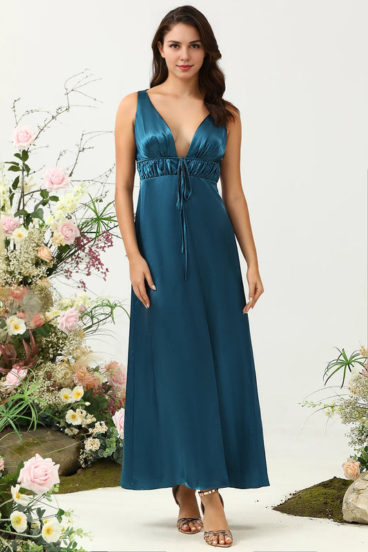 OKBBN's charming tight fitting deep V-neck shiny satin Bridesmaid Dresses