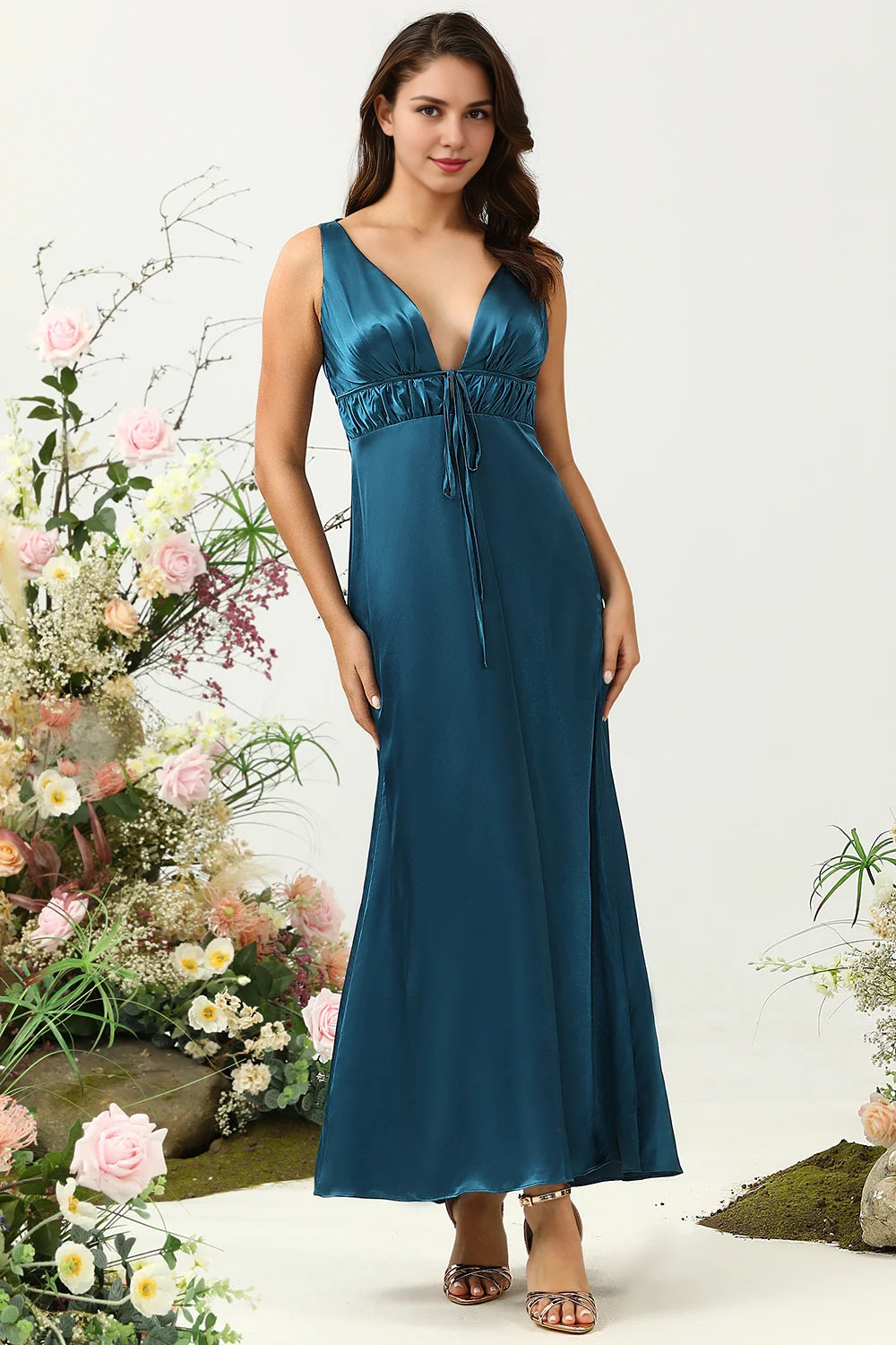 OKBBN's charming tight fitting deep V-neck shiny satin Bridesmaid Dresses