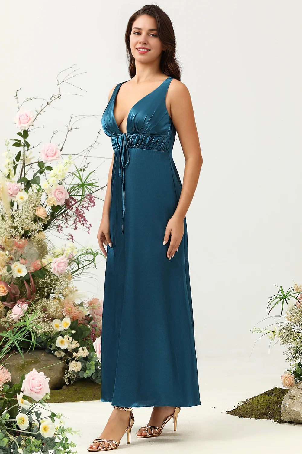 OKBBN's charming tight fitting deep V-neck shiny satin Bridesmaid Dresses