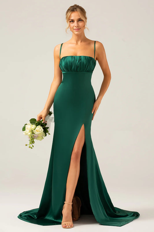 OKBBN's charming tight fitting slim shoulder strap pleated long slit Bridesmaid Dresses