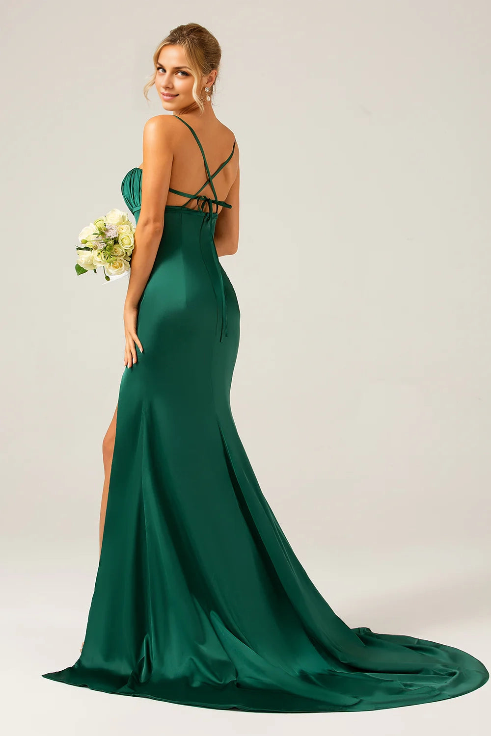 OKBBN's charming tight fitting slim shoulder strap pleated long slit Bridesmaid Dresses