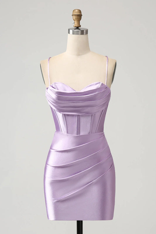 OKBBN's charming tight fitting thin shoulder strap waistband satin short Homecoming Dresses