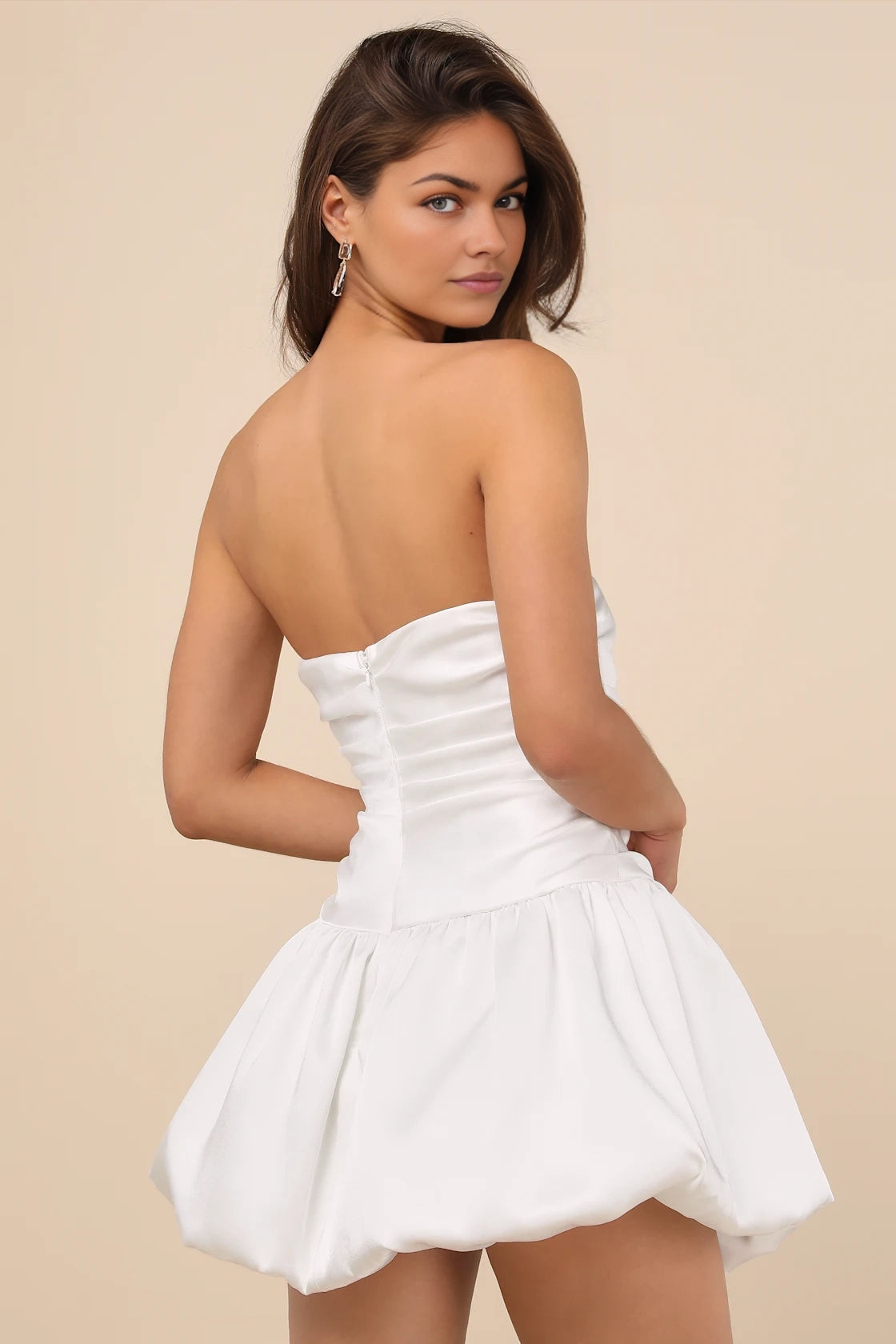 OKBBN's charming woven satin strapless pleated low waisted Homecoming Dresses