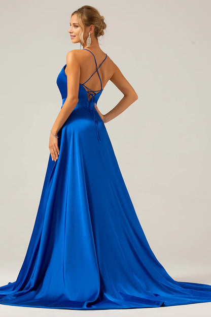 OKBBN's classic and fashionable A-line V-neck pleated satin slit Bridesmaid Dresses