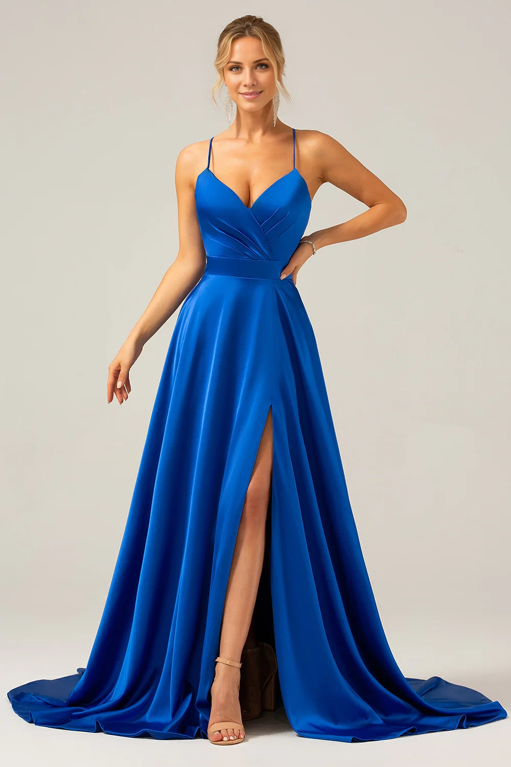 OKBBN's classic and fashionable A-line V-neck pleated satin slit Bridesmaid Dresses