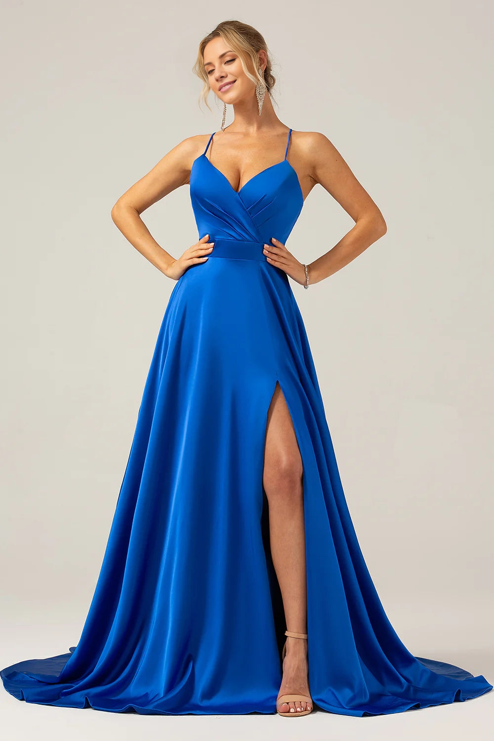 OKBBN's classic and fashionable A-line V-neck pleated satin slit Bridesmaid Dresses