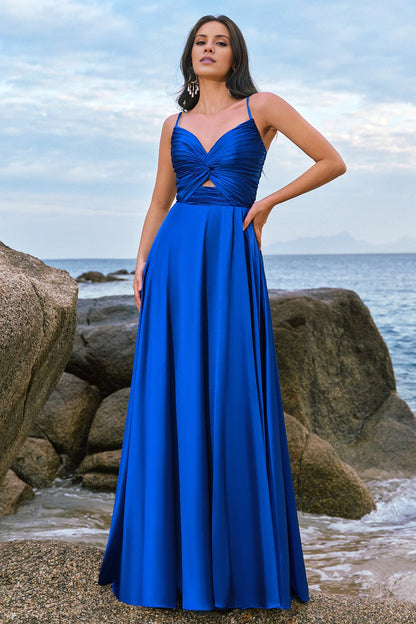OKBBN's classic and fashionable A-line keyhole satin pleated long slit Bridesmaid Dresses