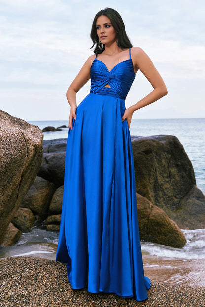 OKBBN's classic and fashionable A-line keyhole satin pleated long slit Bridesmaid Dresses