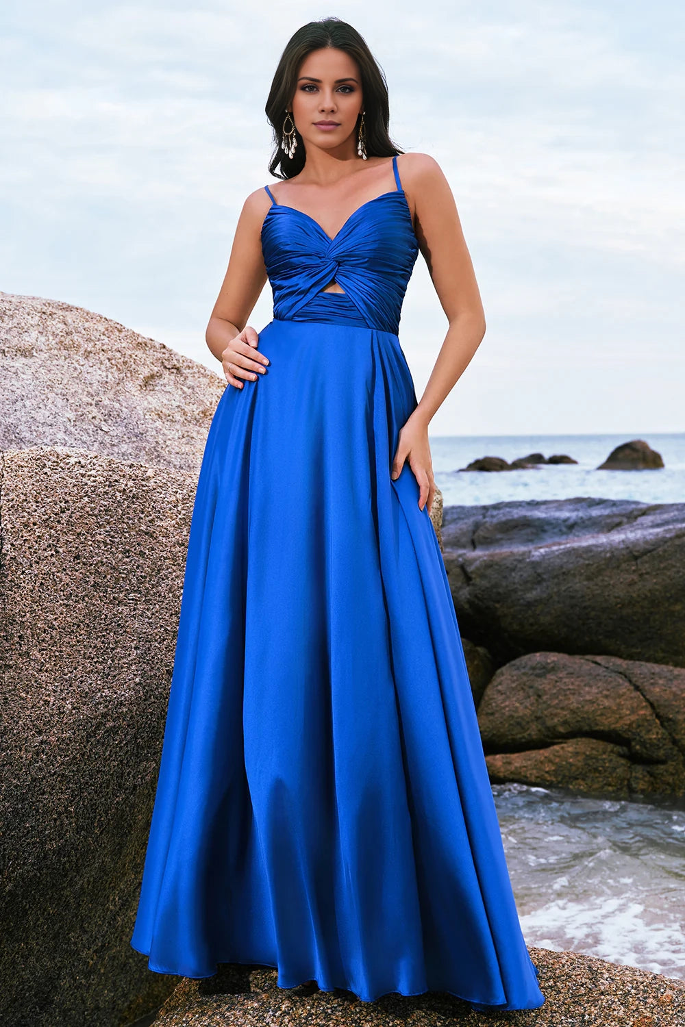 OKBBN's classic and fashionable A-line keyhole satin pleated long slit Bridesmaid Dresses