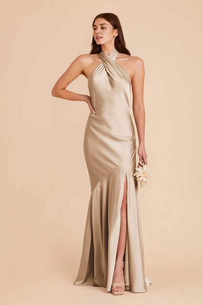 OKBBN's classic backless diagonal cut cross suspender with diagonal slit, exquisite and romantic Prom Dresses