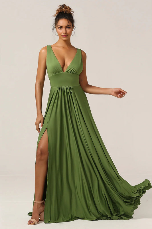 OKBBN's elegant A-line deep V-neck spandex and floor slit Bridesmaid Dresses