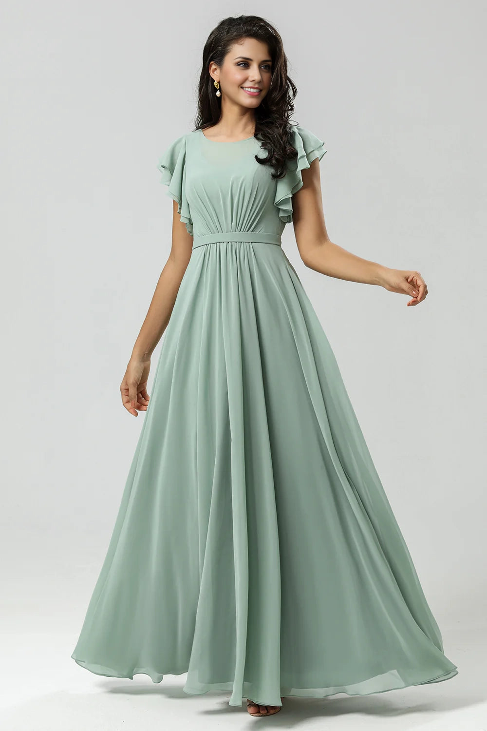OKBBN's elegant A-line round neck pleated decoration and ground chiffon Bridesmaid Dresses
