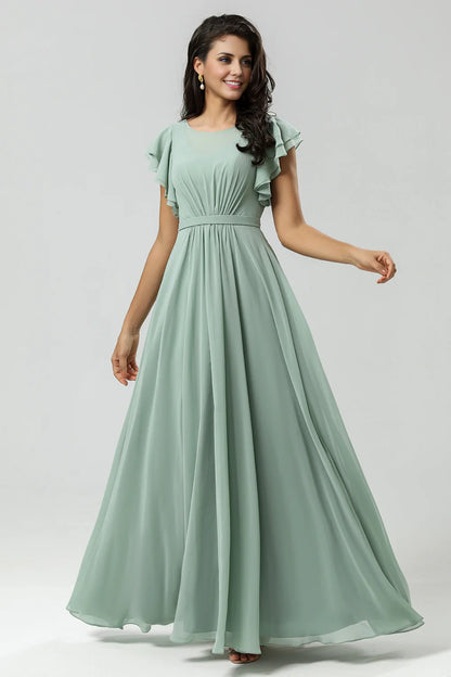 OKBBN's elegant A-line round neck pleated decoration and ground chiffon Bridesmaid Dresses