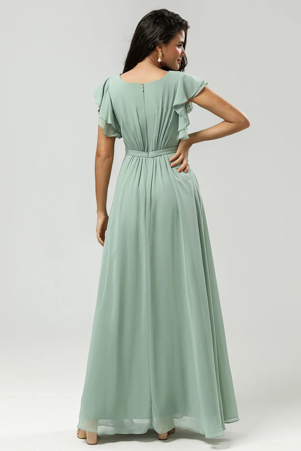 OKBBN's elegant A-line round neck pleated decoration and ground chiffon Bridesmaid Dresses