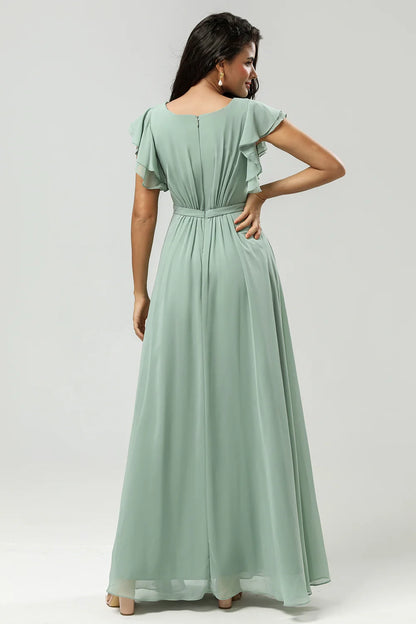 OKBBN's elegant A-line round neck pleated decoration and ground chiffon Bridesmaid Dresses