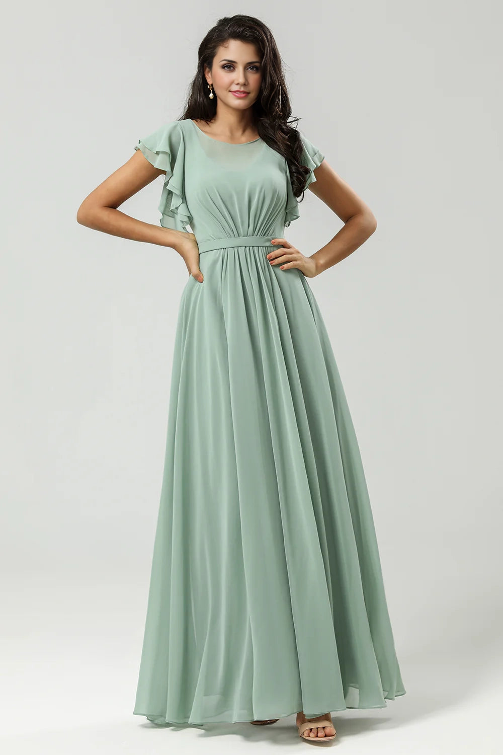 OKBBN's elegant A-line round neck pleated decoration and ground chiffon Bridesmaid Dresses
