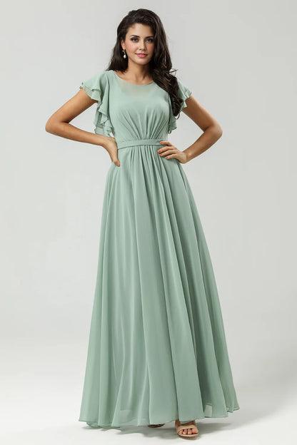 OKBBN's elegant A-line round neck pleated decoration and ground chiffon Bridesmaid Dresses
