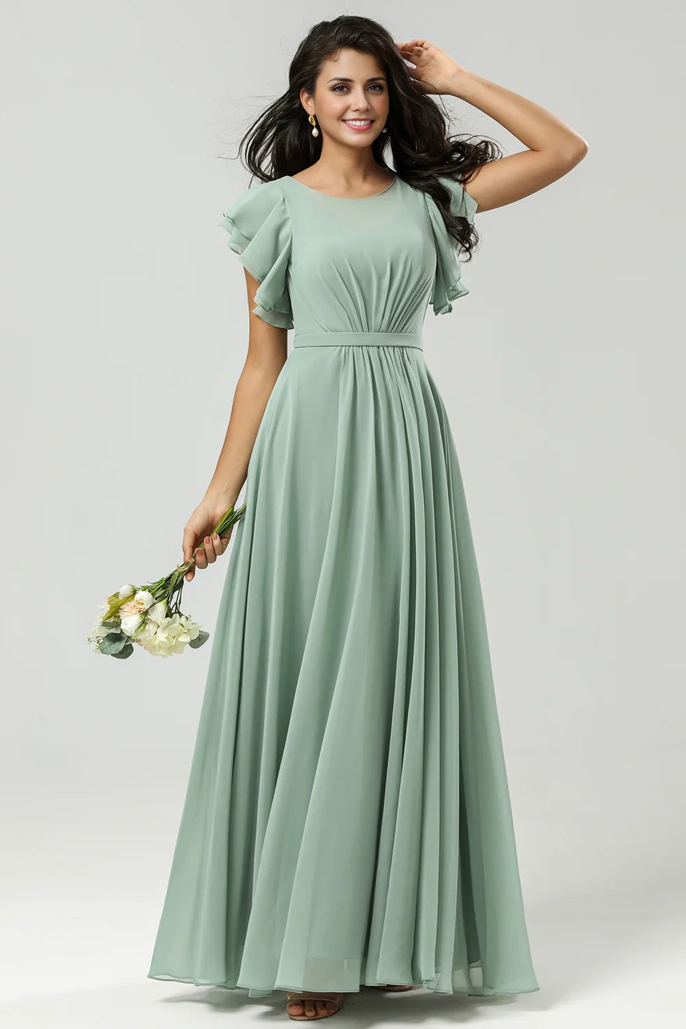 OKBBN's elegant A-line round neck pleated decoration and ground chiffon Bridesmaid Dresses