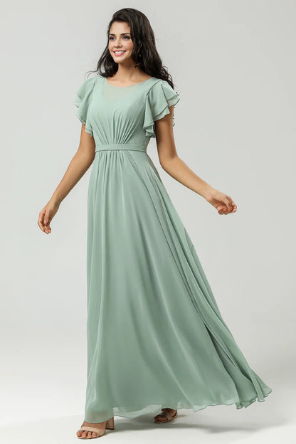 OKBBN's elegant A-line round neck pleated decoration and ground chiffon Bridesmaid Dresses