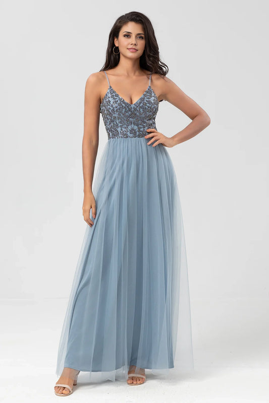 OKBBN's elegant and flowing A-line thin shoulder strap adorned with beaded chiffon Bridesmaid Dresses